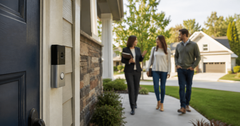 A real estate agent and two prospective buyers approach a Wisconsin home with a video doorbell during a showing.